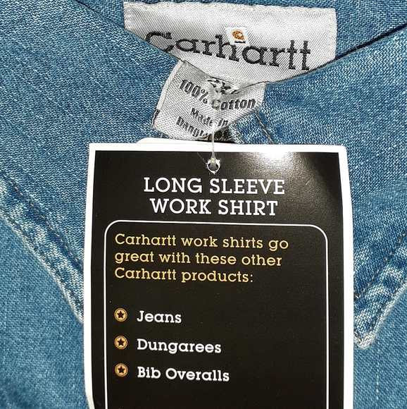 New Carhartt Denim Blue Jean Long Sleeve Button Up Work Shirt - Picture 3 of 6